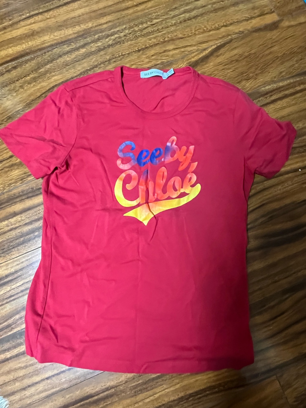 Women Size 4 See by Chloe Red Short Sleeve Cotton T-Shirt